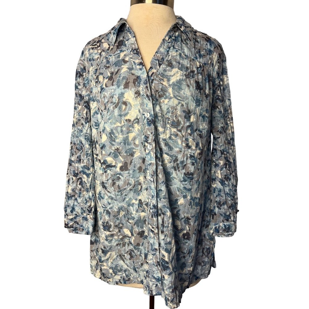 JM collection women’s blouse XL Blue button up 3/4 sleeve V neck